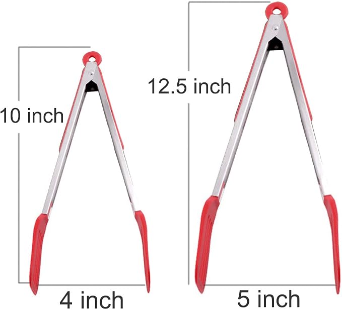 Cooking Tongs 9 inches and 12 inches Stainless Steel Kitchen Silicone Serving Tong Heat Resistant Meat Turner Spatula Tong Fish Tongs with Locking Handle Joint (Red)