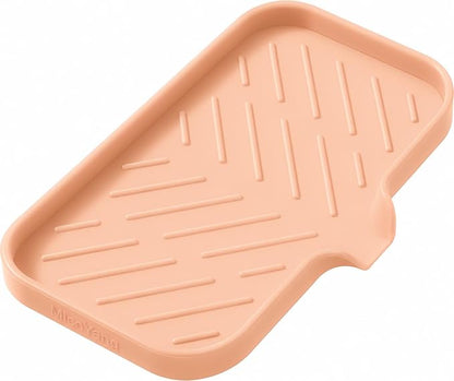 MicoYang Silicone Soap Dish with Drain Spout — Self-Draining Sink Organizer Tray for Bathroom & Kitchen, Sponges, Dispensers & Soap Holder, Non-Slip & Dishwasher Safe, Pink (Medium, 9.6"×5.3")