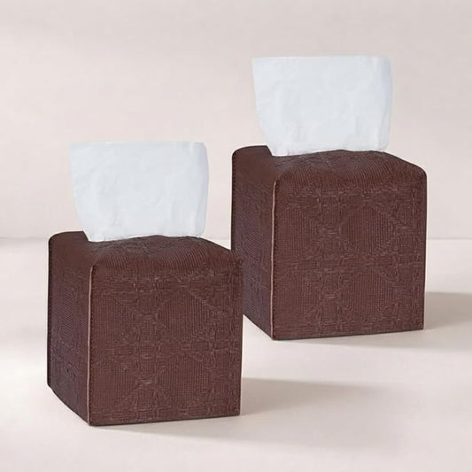 Tissue Box Cover 2-Pack, Square Tissue Holder with Bottom Belt, Modern Tissue Case Facial Paper Organizer Dispenser for Bathroom, Office, Home, Table, Car, Brown, Linen Pattern