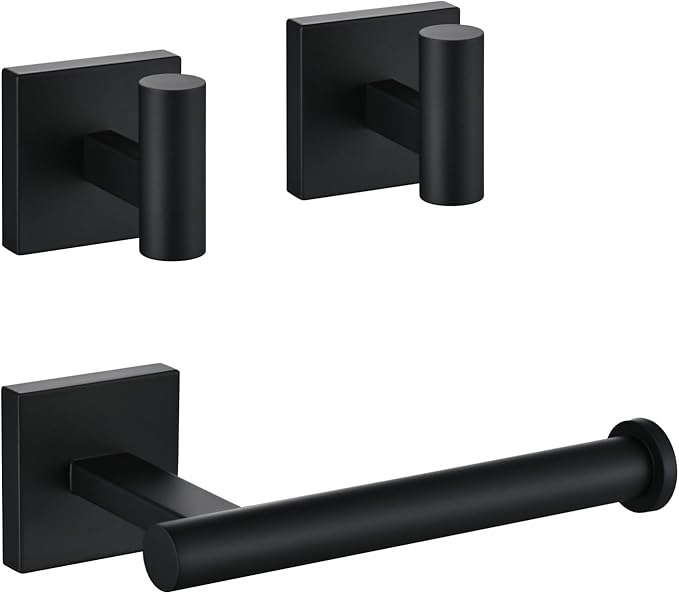 Toilet Paper Roll Holder Stand with 2 Robe Towel Hooks,Wall Mounted Matte Black 3 Piece Bathroom Hardware Set, SUS 304 Stainless Steel, Drilling Hole Bath Accessories (Black)