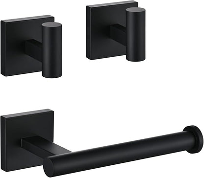Toilet Paper Roll Holder Stand with 2 Robe Towel Hooks,Wall Mounted Matte Black 3 Piece Bathroom Hardware Set, SUS 304 Stainless Steel, Drilling Hole Bath Accessories (Black)