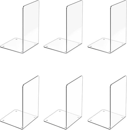 Acrylic Bookends 6 Pcs, Clear Book Ends for Shelves, Transparent Organizer, Holder Stand Decorative, Stoppers for Heavy Duty Books, CD, File, Video Games