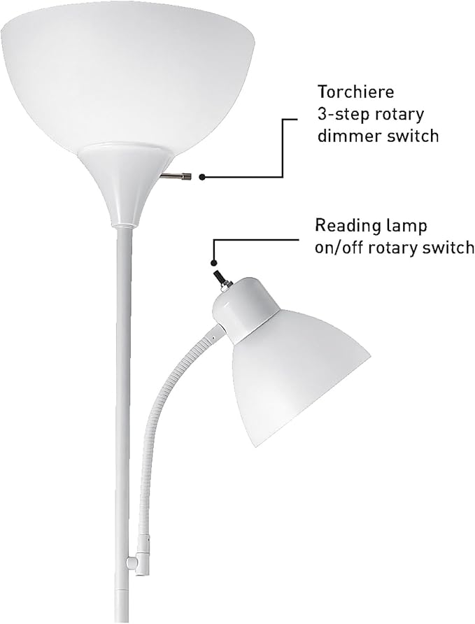 Globe Electric 67136 72" Torchiere Floor Lamp with Adjustable Reading Light, Matte White Finish, Frosted Shades, Rotary Switch on Socket, E26 Base