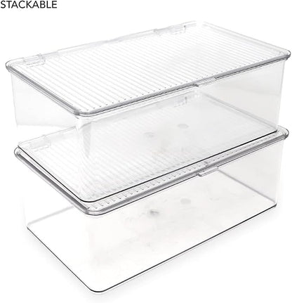 Isaac Jacobs Medium Stackable Organizer Bin (10.75”x6.5”x3.7”) w/ Hinged Lid, Clear Storage Box, Home, Office, School, Fridge, Bathroom, Kitchen, Pantry Container, BPA-Free, Food Safe (Medium, Clear)
