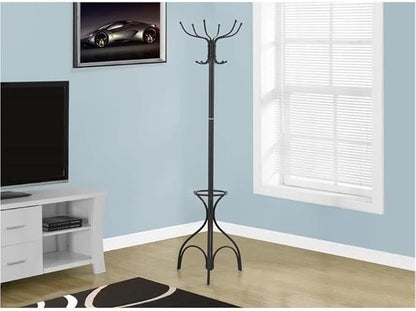 Monarch Specialties I 2031 Coat Rack, Hall Tree, Free Standing, 12 Hooks, Entryway, 70" H, Umbrella Holder, Bedroom, Metal, Black, Transitional