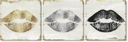 Lips Wall Decor Gold Silver and Black Lip Canvas Wall Art Glam Lips Poster for Bathroom Livingroom Bedroom Makeup Room Wall Decor 12x12Inchx3pcs