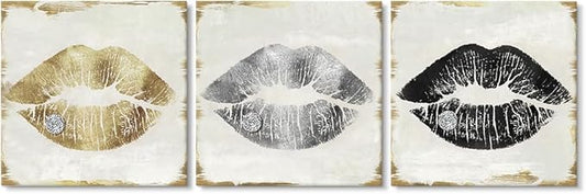 Lips Wall Decor Gold Silver and Black Lip Canvas Wall Art Glam Lips Poster for Bathroom Livingroom Bedroom Makeup Room Wall Decor 12x12Inchx3pcs