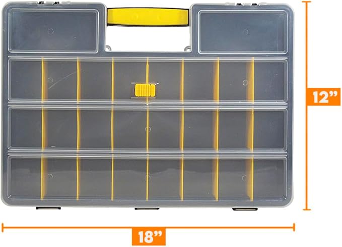 SE Adjustable 26-Compartment Plastic Storage Box - 18x12x3 Inch Organizer with Triple Lock, Translucent Lid, and Sturdy Handle - Ideal for Tools, Crafts, and Small Parts