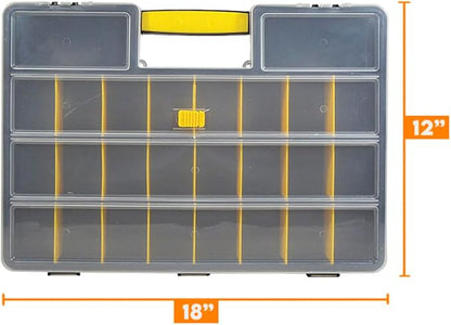 SE Adjustable 26-Compartment Plastic Storage Box - 18x12x3 Inch Organizer with Triple Lock, Translucent Lid, and Sturdy Handle - Ideal for Tools, Crafts, and Small Parts