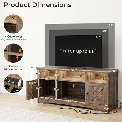 Casaottima TV Stand for 65 Inch TV, Farmhouse Entertainment Center with Power Outlet & LED Light and Storage Cabinets, Console Table and Media Furniture for Living Room Bedroom, Gray Oak