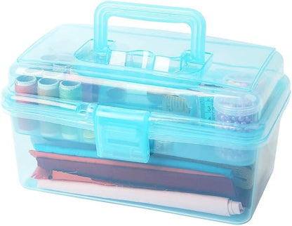 BangQiao Multipurpose Plastic Art and Craft Supply Storage Container Bin Case with Removable Tray and Handle, First Aid Box Organizer, Clear&Blue