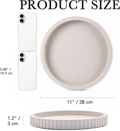 Modern Decorative Tray for Coffee Table, 11" Wooden Gray Beige Round Small Decor Tray for Candle, Perfume, Vanity, Kitchen Island Counter & Table Centerpiece
