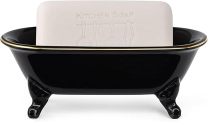 6.5" Ceramic Mini Decorative Clawfoot Bathtub Bar Soap Dish, Kitchen Sponge Holder and Shower Tray for Bathroom, 1 Pack (Black Gold Rim)