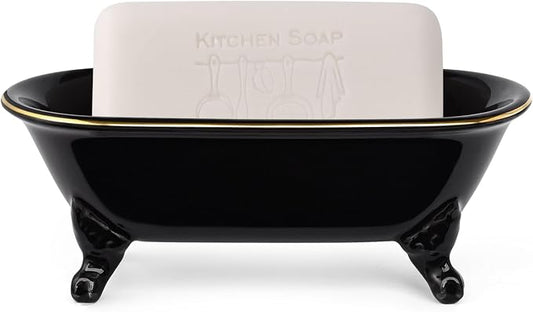 6.5" Ceramic Mini Decorative Clawfoot Bathtub Bar Soap Dish, Kitchen Sponge Holder and Shower Tray for Bathroom, 1 Pack (Black Gold Rim)