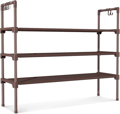 LANTEFUL 3 Tier Shoe Rack for Closet Shoe Organizer with 5 Hooks, Long Shoe Shelf Storage for Shoe and Boot Stackable Free Standing Shoe Rack for Entryway, Garage, Small Spaces, Dorm, Brown