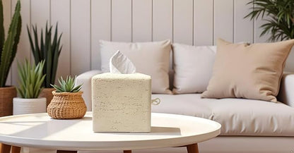 Marble Tissue Box Cover Square Decorative Stone Klenex Box Holder for Bathroom & Living Room with Handcrafted Texture (Beige Yellow)