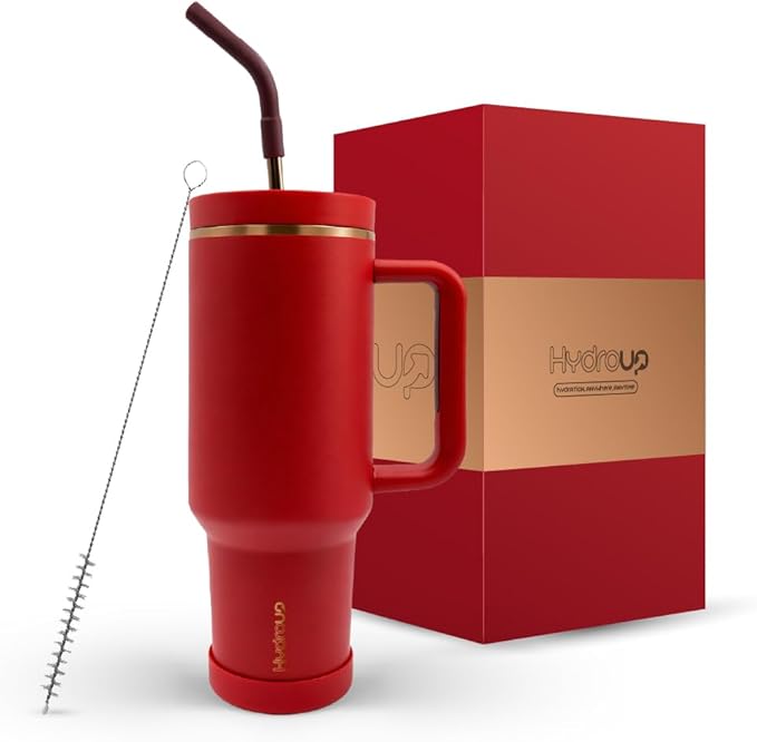 40oz Travel Tumbler Cup with Handle, Two-Way Slider Lid, Stainless Steel Straw with Silicone Tip, Vacuum Insulated Water Bottle for Hot & Cold Drinks, Great Gifts for Mom (Red Gold)