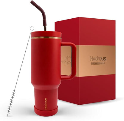 40oz Travel Tumbler Cup with Handle, Two-Way Slider Lid, Stainless Steel Straw with Silicone Tip, Vacuum Insulated Water Bottle for Hot & Cold Drinks, Great Gifts for Mom (Red Gold)