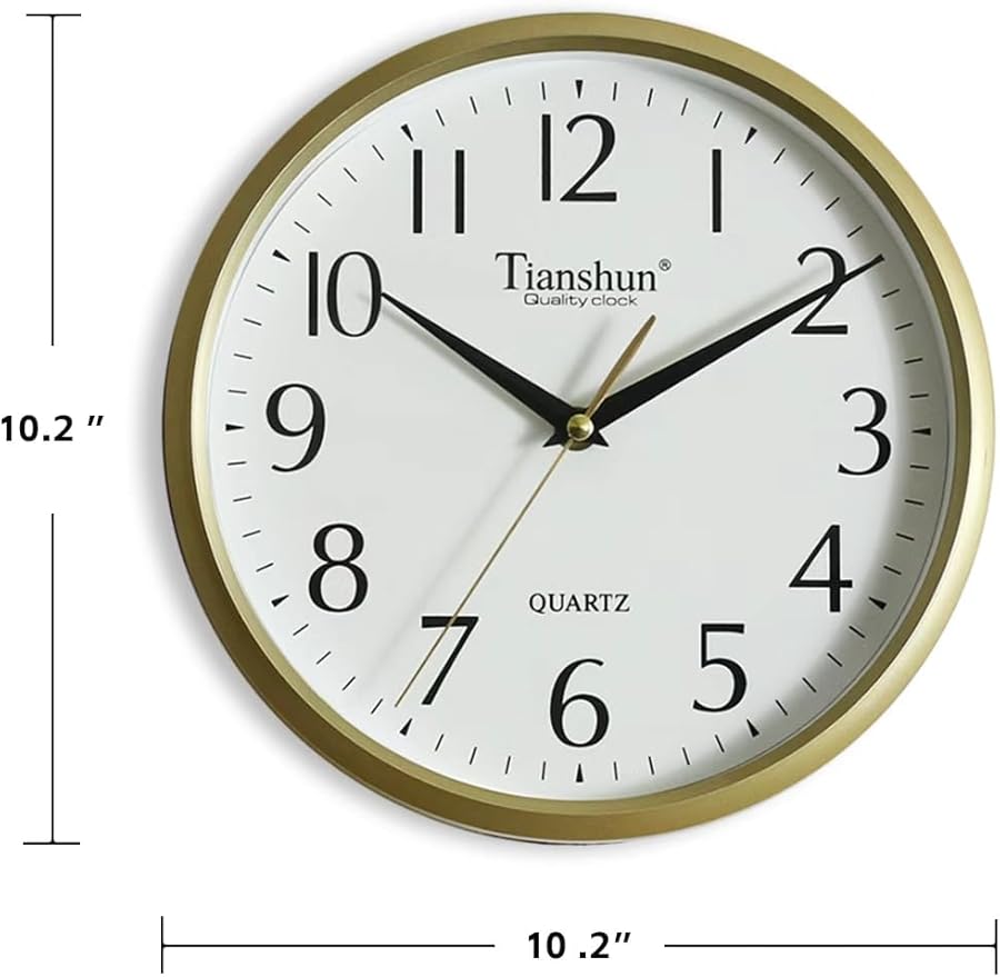 Wall Clock Silent Non-Ticking Battery Operated Small 10 Inch Modern Easy to Read for Living Room Bedroom Kitchen Office Decor (Gold)