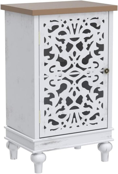 Sophia & William Accent Cabinet Small, 31.5" Tall Side End Table, Distressed Nightstand with Wooden Frame and Hollow Carved Door, White