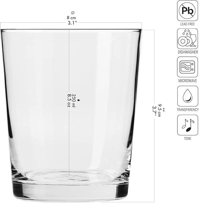 Krosno Drink Water Juice Drinking Glasses, Set of 6, 8.5 oz, Pure Collection, Ideal for Everyday Use, Drinking Glasses, Dishwasher Safe, Made in Europe