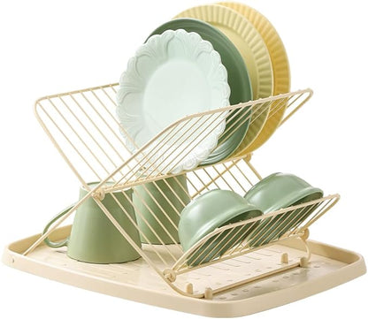 Folding Dish Drying Rack with Drip Tray Collapsible Dish Rack for Kitchen Counter 2 Tier Foldable Dish Drainers for Large Capacity Wire Expandable, Cream