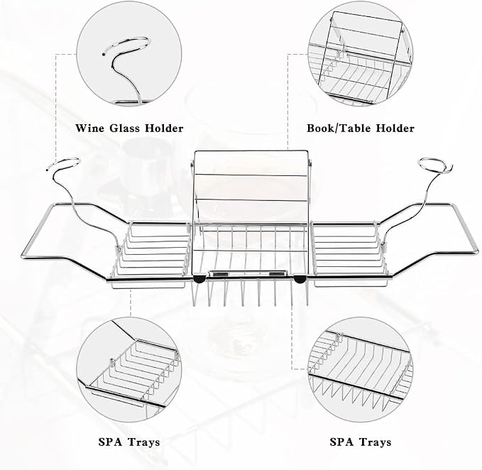 BDL Bathtub Caddy Tray Expandable Bath Tub Table with Wine Holder, Free Soap Dish and Laptop Reading Rack, Bathtub Tray for Home (Silver)
