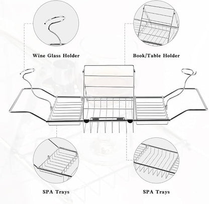 BDL Bathtub Caddy Tray Expandable Bath Tub Table with Wine Holder, Free Soap Dish and Laptop Reading Rack, Bathtub Tray for Home (Silver)