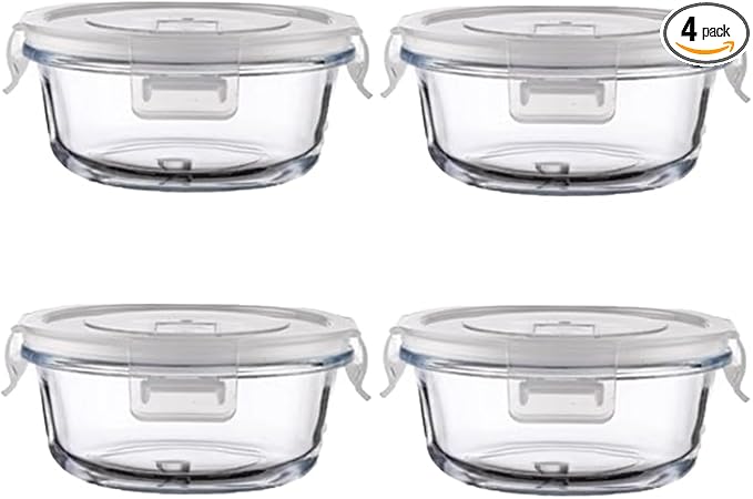 12oz Round Glass Food Containers With Lids, Small Round Glass Meal Prep Containers set,1.5 Cup Small Clear Food Storage Bowls BPA-Free, Microwave, Dishwasher, Freezer Safe（White）
