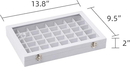 Frebeauty 40 Grid Jewelry Tray,Adjustable Earring Holder Organizer with Glass Lid,Velvet Drawer Jewelry Organizer for Rings,Studs,13.8 x 9.5 x 2 Inches Jewelry Display Box,Gift for Women(White)