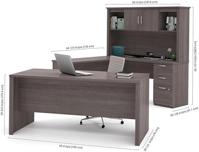 Atlin Designs Modern Wood U Shape Computer Desk with Hutch in Bark Gray