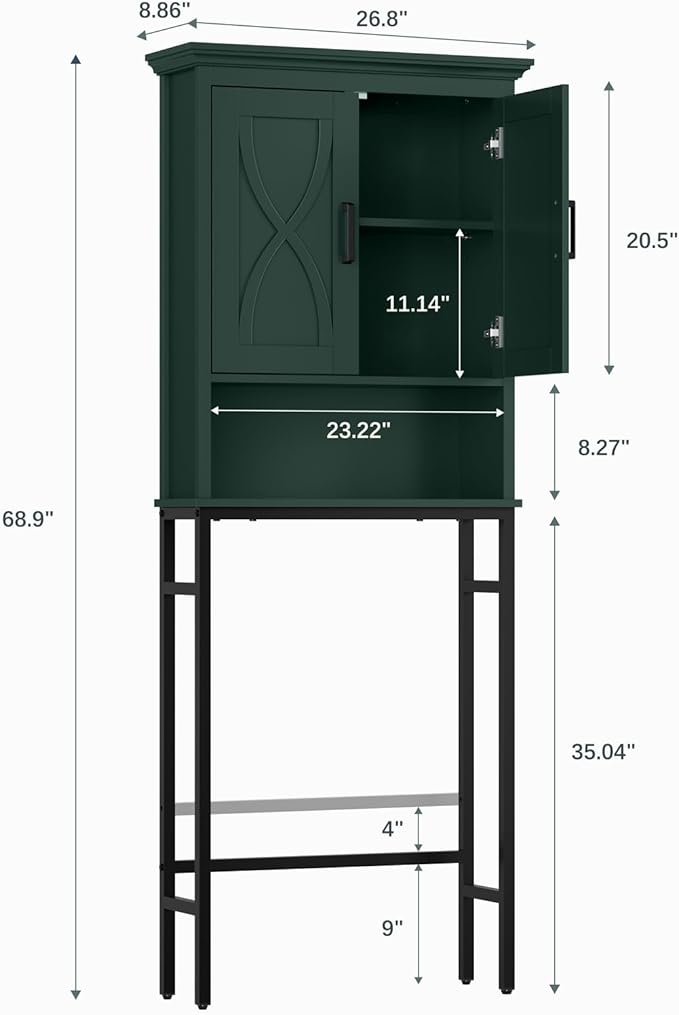 Over The Toilet Storage Cabinet, Over Toilet Storage, Above The Toilet Cabinet with Inner Adjustable Shelf and Open Storage, Forest Green