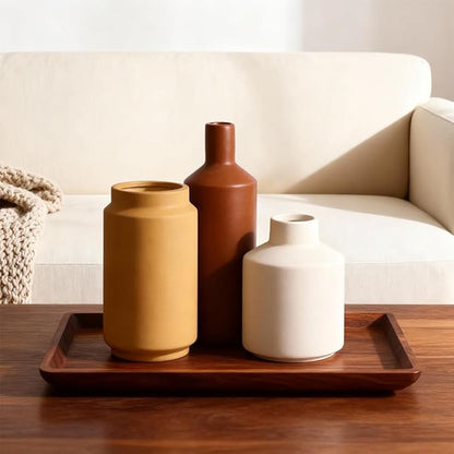 Ceramic Vase Set of 3 – Modern Decorative Vases in Matte White, Yellow & Brown, Small Flower Pottery Vase Sets, Boho Farmhouse Rustic Vases for Living Room, Kitchen, Bedroom, Bathroom, Shelf, Table