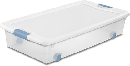 Sterilite 8-Pack Wheeled Latching Box, Plastic Under Bed Storage Bins with Lids, 56 Quart - Large Clear Stackable Tote Organizer Containers for Closet, Bedroom, Bathroom, and Office Organization