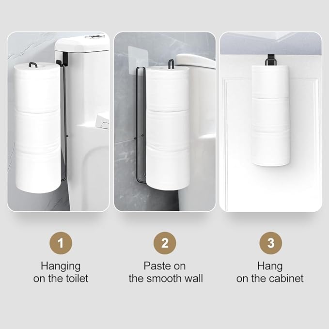 Toilet Paper Holder with Storagefor 3 Roll Tissue Wall Mounted Over The Tank Toilet Paper Holder Organizer Self Adhesive Toilet Paper Storage Stainless Steel Toliet Paper Holder（Black 1 Pcs）