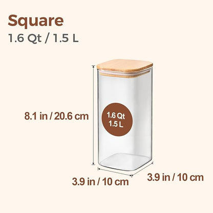 ComSaf 1.6 Qt Square Glass Jars with Bamboo Lids Set of 3, Space-Saving Glass Pantry Storage Containers, Airtight Clear Glass Storage Containers with Wide 3.9" Mouth for Coffee, Sugar, Short Pasta
