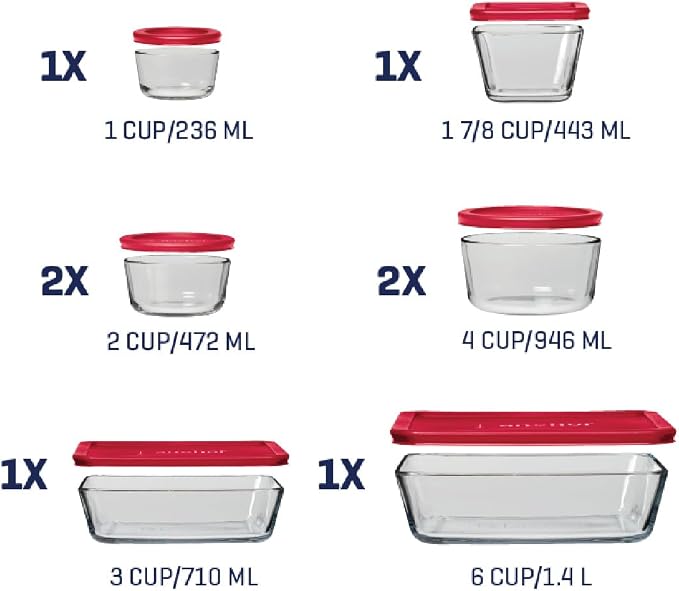 Anchor Hocking 16 Piece Glass Storage Containers with Lids (8 Glass Food Storage Containers & 8 Red SnugFit Lids)