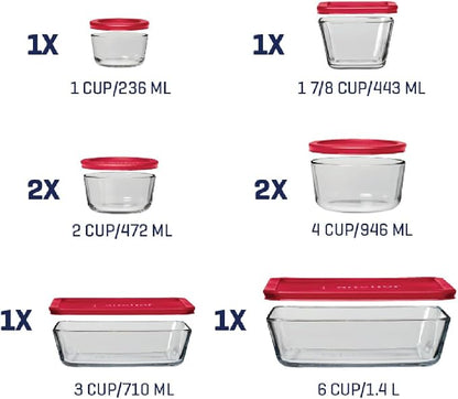 Anchor Hocking 16 Piece Glass Storage Containers with Lids (8 Glass Food Storage Containers & 8 Red SnugFit Lids)