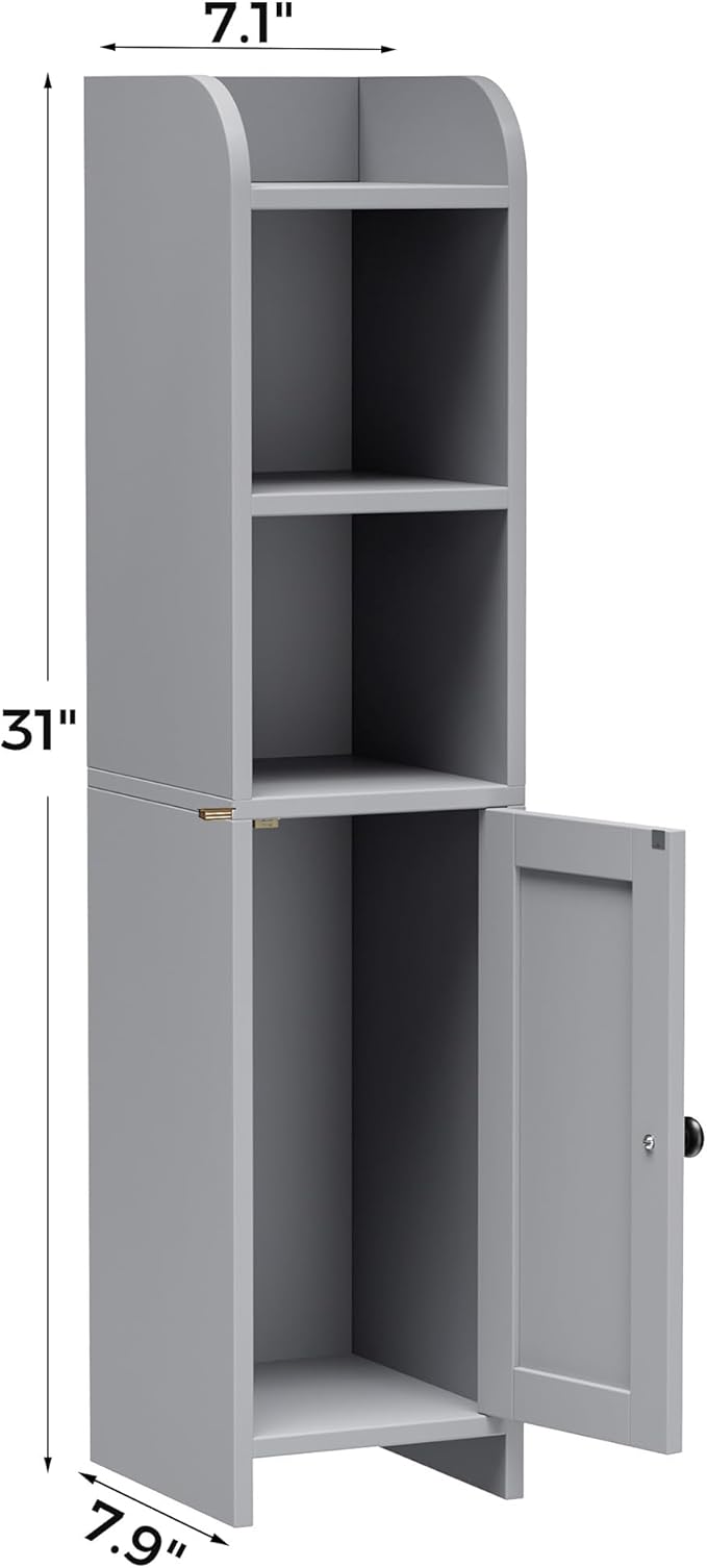 Homhedy Small Bathroom Storage Corner Floor Cabinet with Door and Shelves, Beside The Toilet Paper Stand for Skinny, Narrow Toilet Paper Cabinet, 7.9" D x 7.1" W x 31" H, Gray