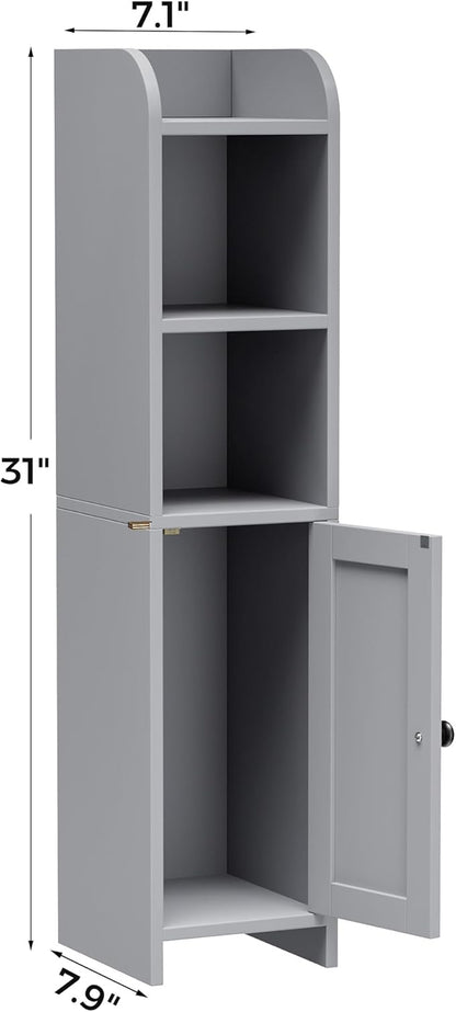 Homhedy Small Bathroom Storage Corner Floor Cabinet with Door and Shelves, Beside The Toilet Paper Stand for Skinny, Narrow Toilet Paper Cabinet, 7.9" D x 7.1" W x 31" H, Gray
