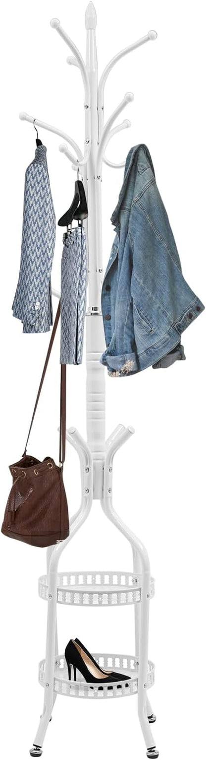 72.8in Coat Rack Freestanding 12 Hooks Coat Tree with Umbrella Holder Metal Modern Coat Hanger Stand for Entryway, Purse Rack Hat Rack Stand for Living Room Bedroom Office (White)