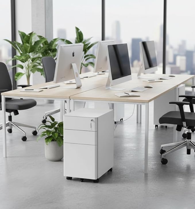 Mount-It! Slim Rolling File Cabinet, Under Desk Mobile Filing Cabinet with 3 Drawers and Lock, Steel Storage for Home Office and Small Business, White