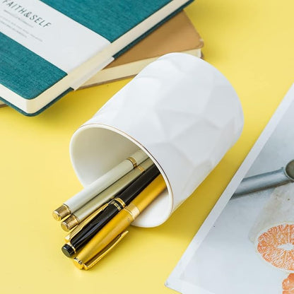 Ceramic Irregular Round Pen Holder For Desk Cute Stand Gold Line Pencil Cup Pot Desk Organizer for Girls Makeup Brush Holder (White)