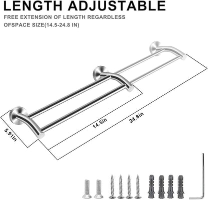 MGahyi Adjustable Double Towel Bar 14.5-24.8Inch, Matte Telescopic Stainless Steel Wall Mount Towel Holder, Rustproof Towel Rack for Bathroom Kitchen RV Laundry Hotel (Silver, Double-Bar)