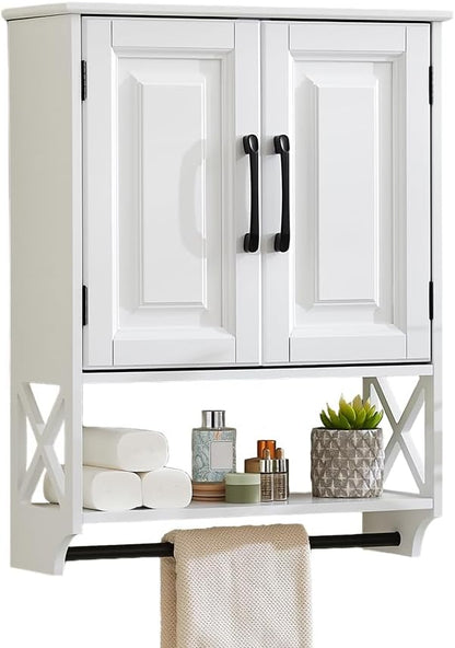 Wall Mounted Bathroom Cabinet, Farmhouse Medicine Cabinet with 2 Elegant Raised Panel Cabinet Doors, with Adjustable Shelf & Towel Bar – Over Toilet Storage Organizer for Small Spaces, White