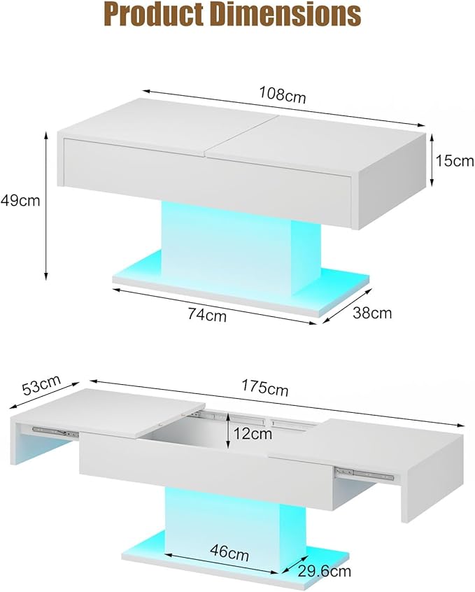 White LED Coffee Table with Storage for Living Room, Living Room Table Rectangular Center Table, Modern High Glossy Wooden Coffee Tables with 16 Colors LED Lights for Dining Reception Room