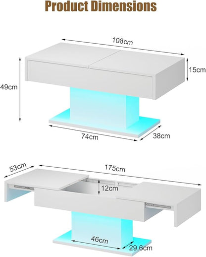 White LED Coffee Table with Storage for Living Room, Living Room Table Rectangular Center Table, Modern High Glossy Wooden Coffee Tables with 16 Colors LED Lights for Dining Reception Room