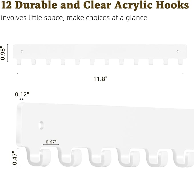 Acrylic Necklace Holder 2 Pack Wall Mounted Necklace Organizer Hanging Jewelry Organizer with 12 Hooks for Necklaces, Bracelets, Rings and Bangles Display（White）