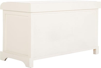 SAFAVIEH Home Collection – Freddy Vintage White Storage Bench with Wicker Baskets & Cushion, Entryway Seating Bench, Fully Assembled (AMH5736D)