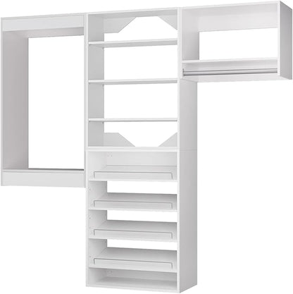 ROOMTEC Modular Closet System, 96" Wall Mounted Modern Closet Organizer with Hanging Rods and Shoe Shelf, Wooden Tower for Walk-In Closets, Wardrobe Storage Kit, White